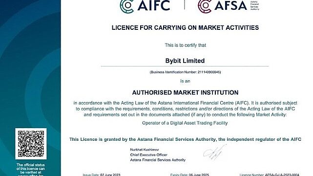 Bybit'e Astana Finansal Hizmet Otoritesi AFSA'dan tarafından Kazakistan'da Yetkili Piyasa Kurumu olarak Dijital Varlık Ticareti Tesisi İşletme ve Gözetim Sağlama lisansı